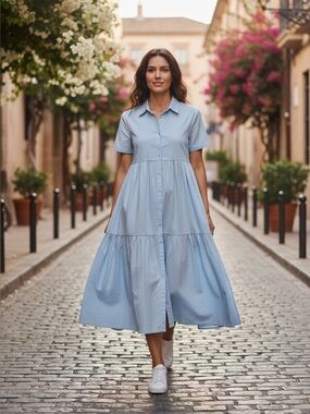 &merci Light Blue Tiered Button Front Midi Shirt Dress Small Lined Cotton